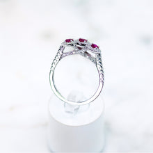 Cargar imagen en el visor de la galería, Three Stone Ruby and Diamond Halo Ring