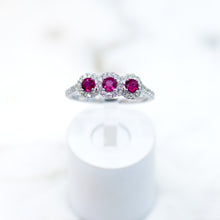Cargar imagen en el visor de la galería, Three Stone Ruby and Diamond Halo Ring