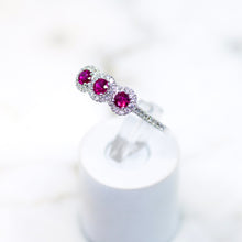 Cargar imagen en el visor de la galería, Three Stone Ruby and Diamond Halo Ring