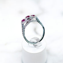 Cargar imagen en el visor de la galería, Three Stone Ruby and Diamond Halo Ring