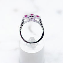 Cargar imagen en el visor de la galería, Three Stone Ruby and Diamond Halo Ring