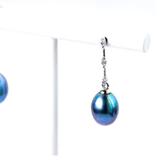 Cargar imagen en el visor de la galería, Blue Freshwater Pearl and Diamond Dangle Earrings
