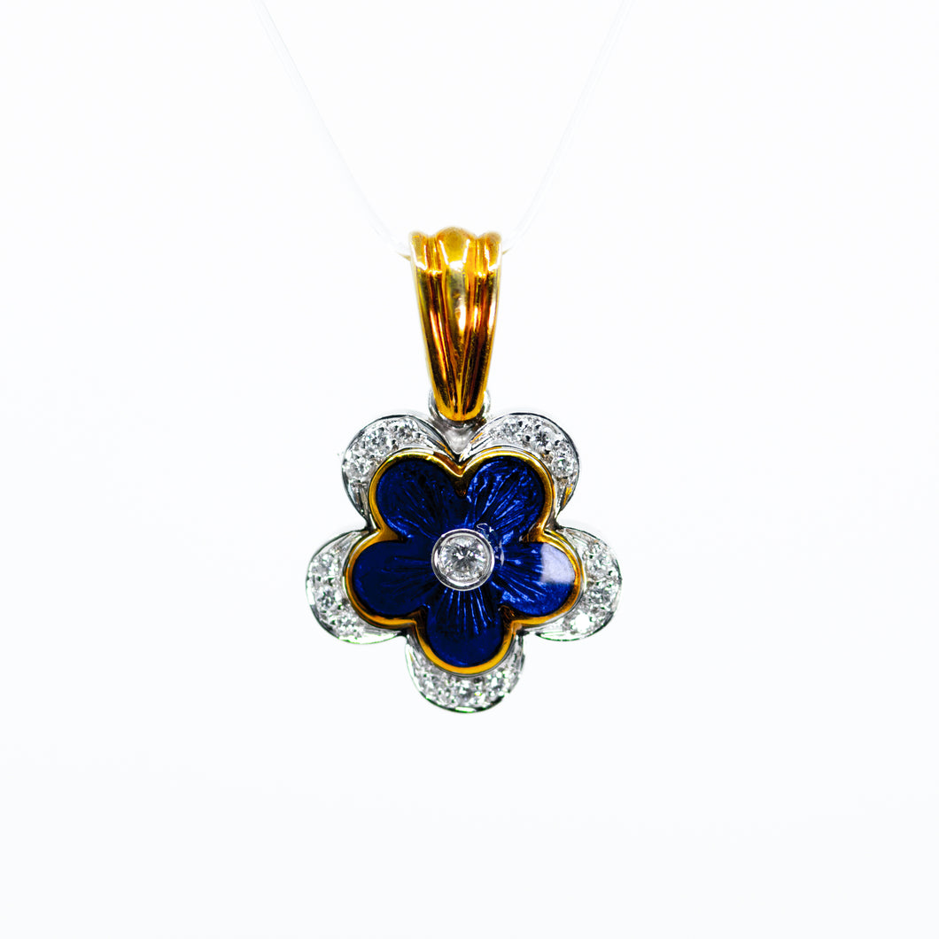 Italian Blue Enamel and Diamond Flower Pendant