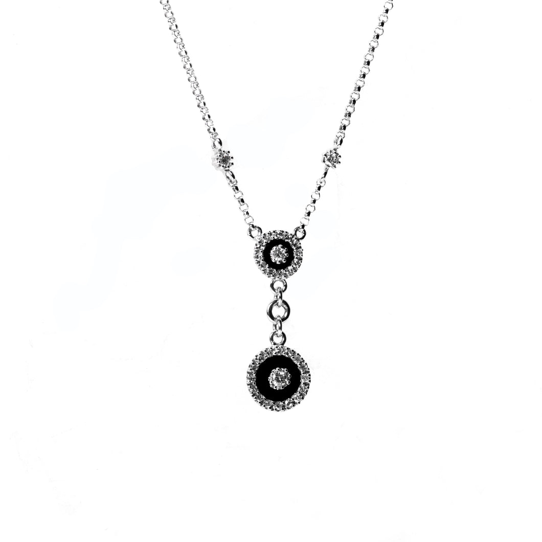 Black Antiqued and White Diamond Circle Drop Pendant with Chain