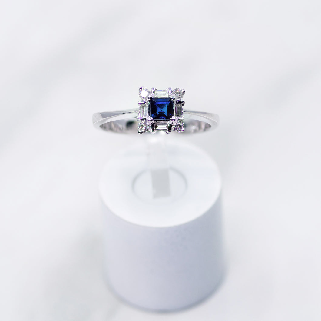 Sapphire and Diamond Square Halo Ring