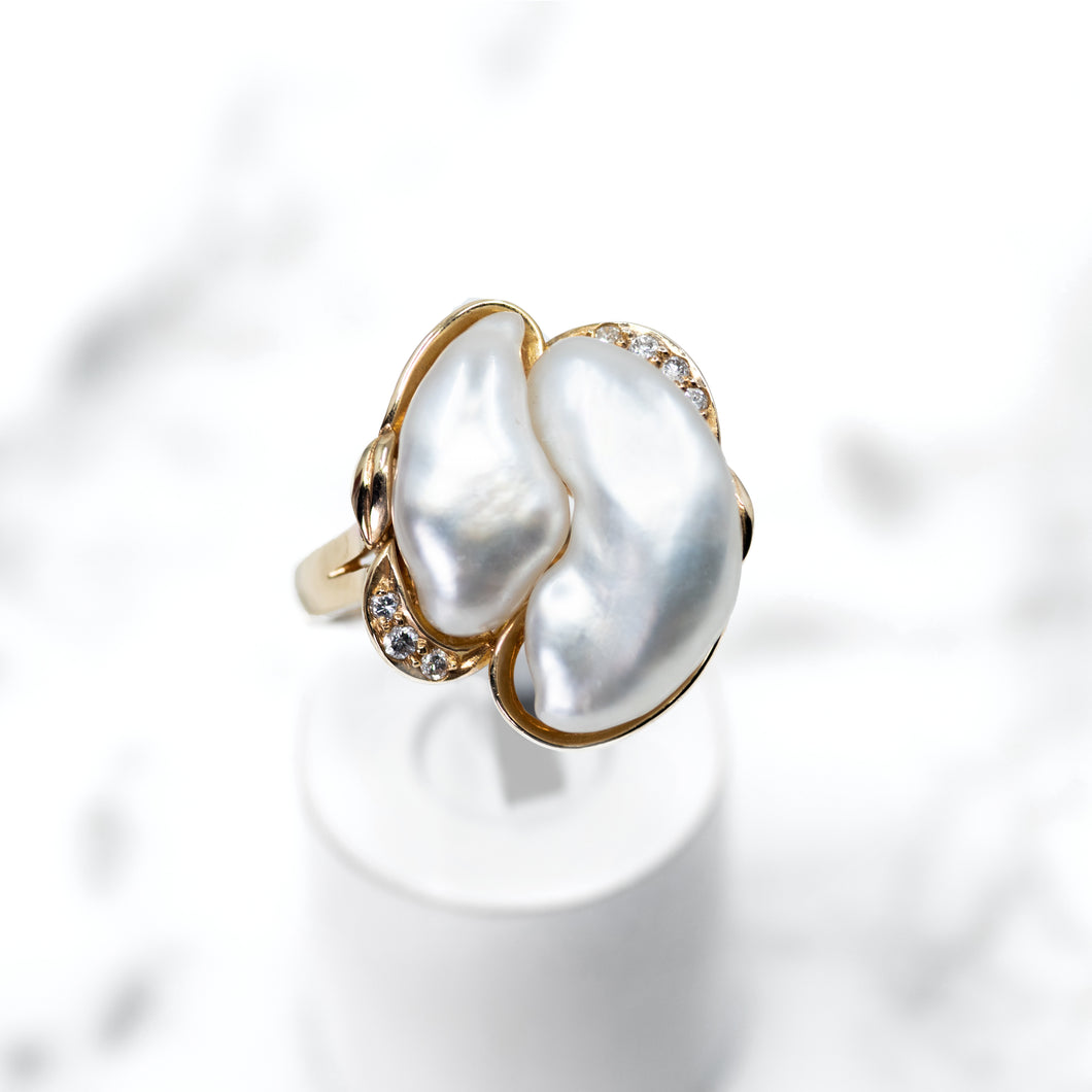 Semi-Baroque Double South Sea Pearl and Diamond Ring