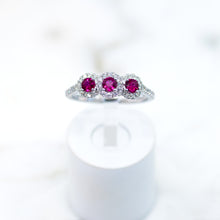 Load image into Gallery viewer, Three Stone Ruby and Diamond Halo Ring
